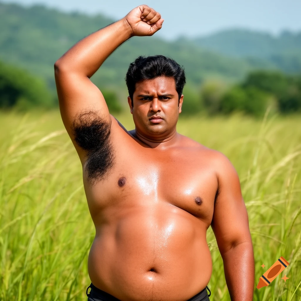 A shirtless, dark-skinned man with prominent armpit hair, flexing his arm in a sunny grassy field.