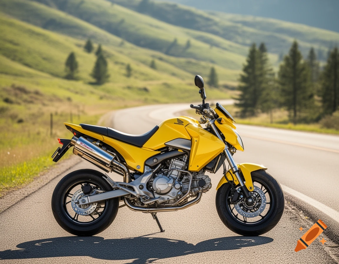 A bright yellow Honda motorcycle parked on an asphalt road winding through green hills under a clear sky.
