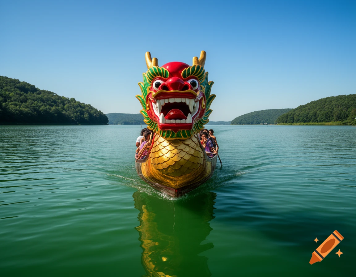 A vibrant red and gold dragon boat, carrying people, moves front-on across a calm green lake, leaving a wake, under a clear blue sky with forested hills.
