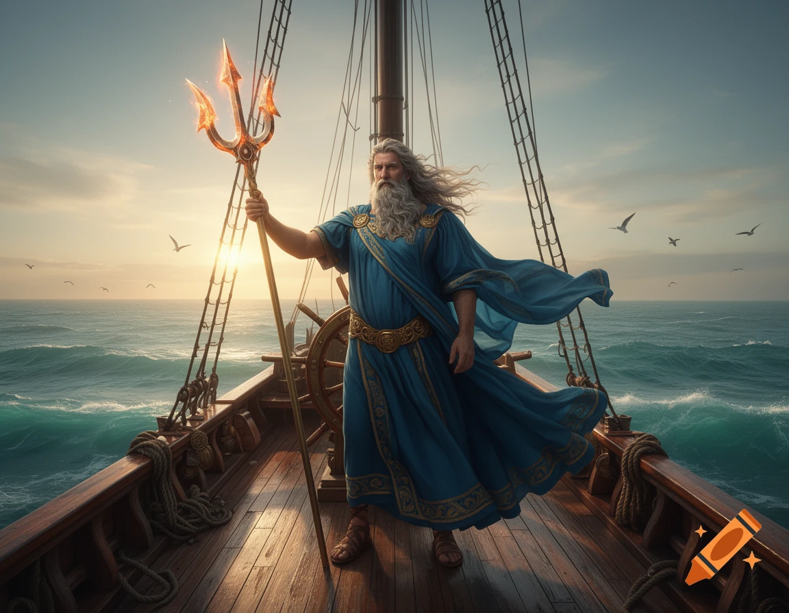 A bearded man resembling Neptune, holding a glowing trident, stands on a wooden ship deck at sea during sunrise.