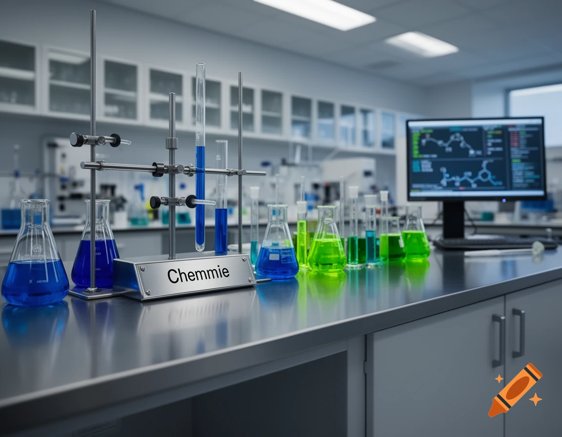 A photorealistic image of a chemistry laboratory with beakers, test tubes, and other equipment on a metal counter. Liquids are blue and green. A computer displays chemical structures.