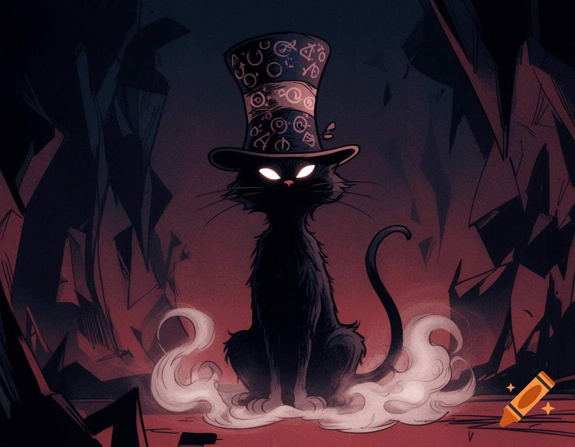 A stylized black cat with glowing white eyes wears a tall, symbol-covered top hat, sitting in a smoky, dark environment.