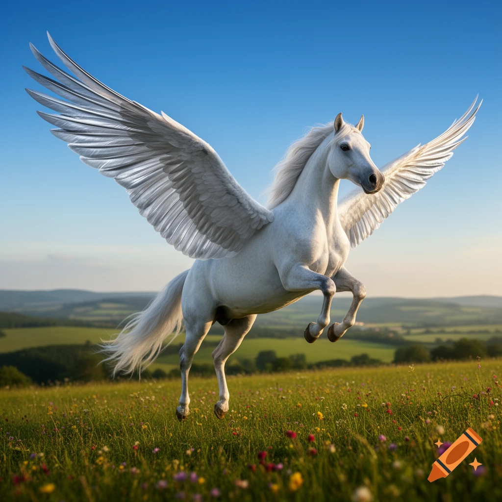 A majestic white Pegasus with large wings leaps over a green, wildflower-filled meadow under a clear blue sky, bathed in golden sunlight.