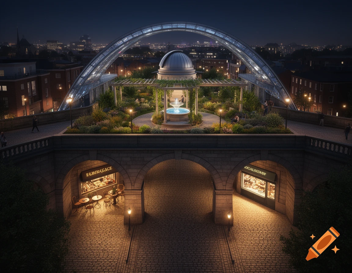 An elevated bridge with a domed observatory, Italianate pergola, and fountain garden at night, overlooking a city. Shops are nestled in the arches below.