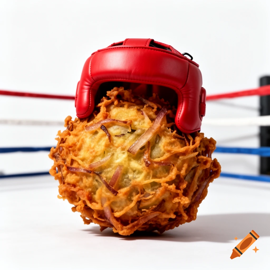 A crispy, golden-brown Indian onion bhaji wearing a red boxing helmet sits in a boxing ring against a white background.