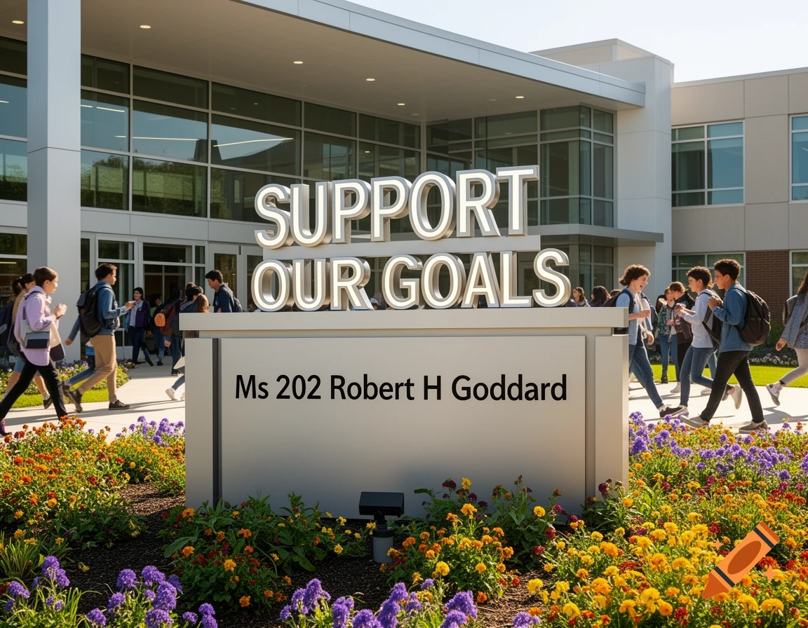 Students walk past a modern school building with signs that read "SUPPORT OUR GOALS" and "Ms 202 Robert H Goddard" amid colorful flowers.