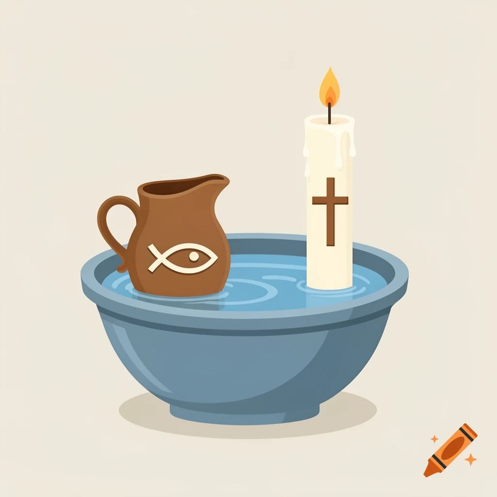 A stylized illustration of a blue bowl filled with water, a brown pitcher with a fish symbol, and a lit candle with a cross.