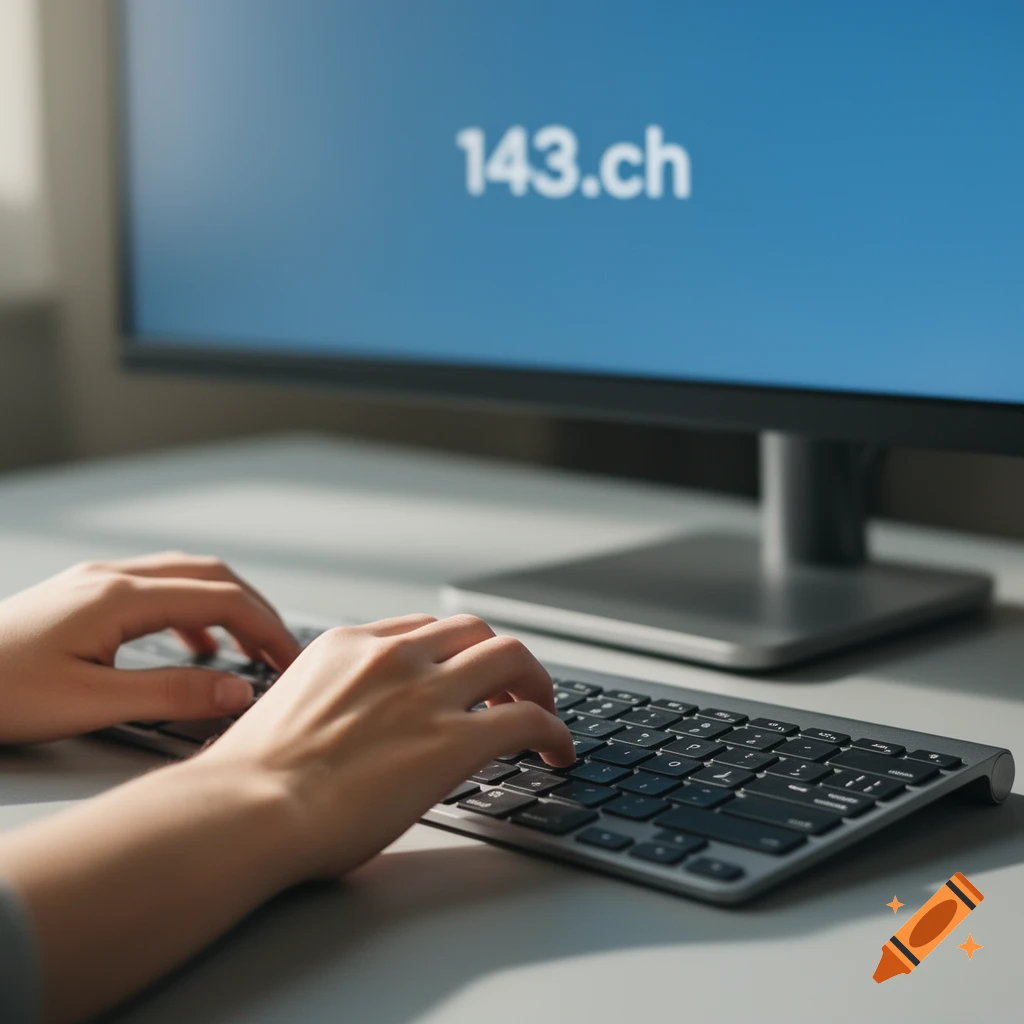 Close-up of hands typing on a modern computer keyboard, with a monitor displaying '143.ch' in a warm, professional work environment.