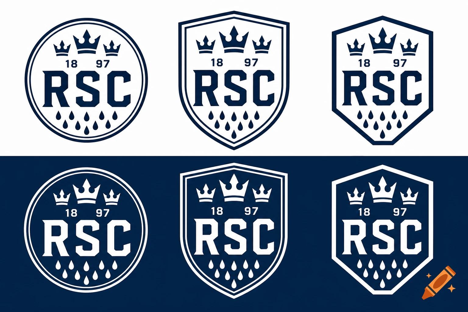 Six variations of a sports club logo featuring three crowns, the numbers '18 97', the letters 'RSC', and eleven teardrops, shown in round, shield, and hexagonal shapes with inverse color schemes of dark blue on white and white on dark blue.