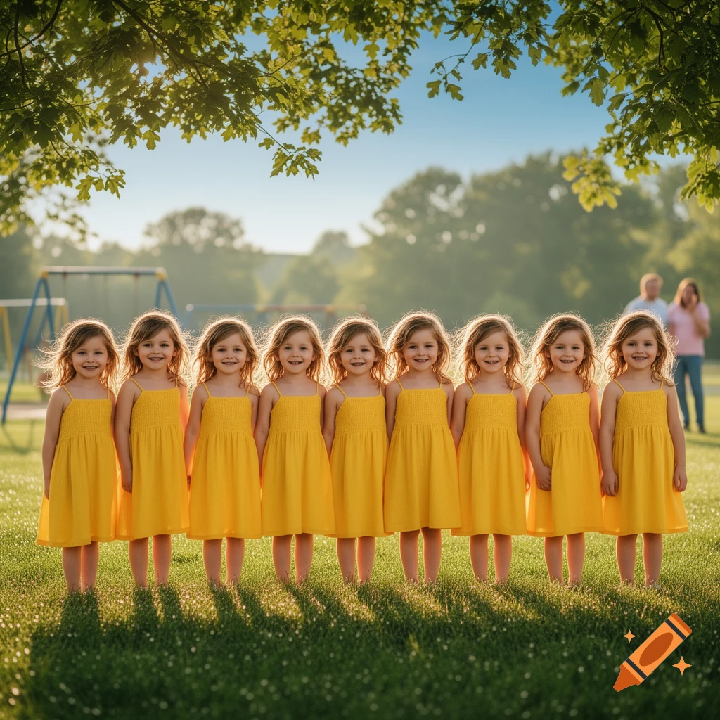 Eight identical young girls in bright yellow dresses stand smiling in a sunny park with trees and playground equipment.