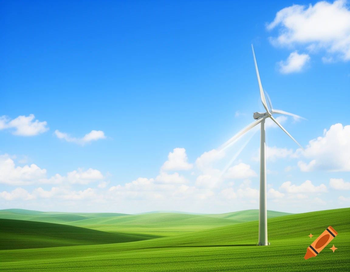 A tall white wind turbine stands in a field of rolling green hills under a bright blue sky with scattered white clouds.