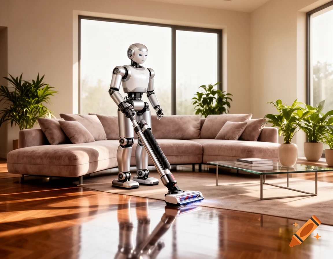 A modern silver robot uses a stick vacuum to clean a spacious, sunlit living room with a large L-shaped couch and plants.