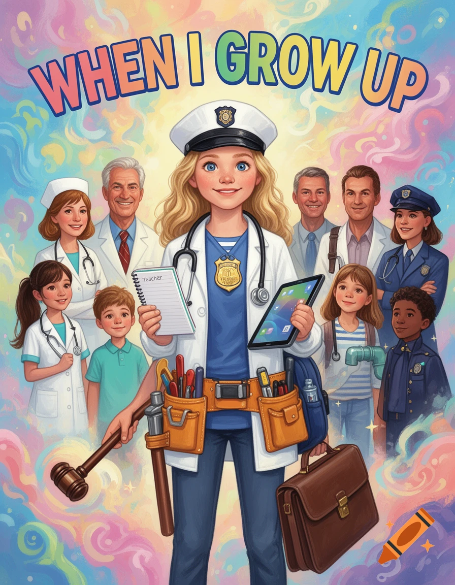 A vibrant illustration of a young girl embodying various professions like a doctor, police officer, and plumber, surrounded by diverse adults and children, with the text "WHEN I GROW UP" at the top.
