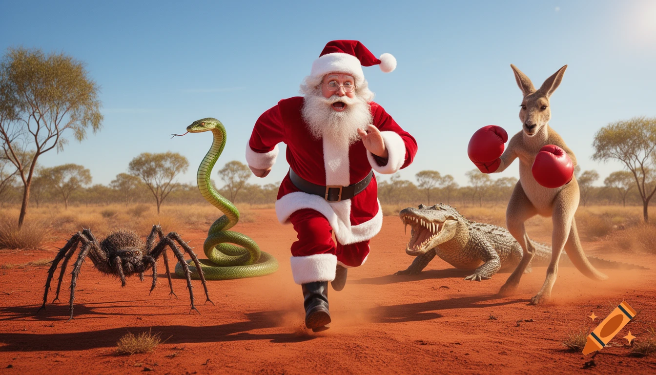 Photorealistic image of Santa Claus running in a desert from a giant spider, snake, crocodile, and a boxing kangaroo.