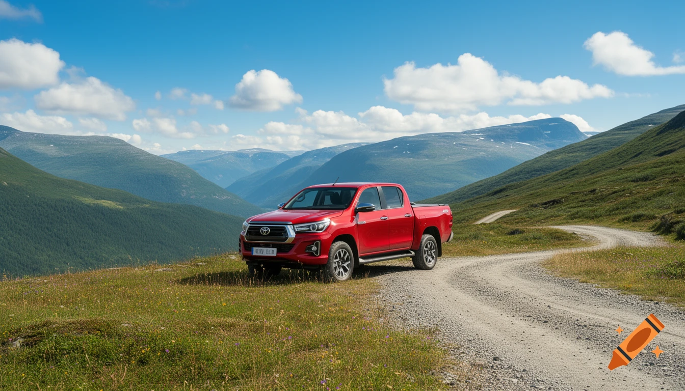 A red Toyota Hilux pickup truck parked on a gravel road in a sunny, green mountainous landscape.