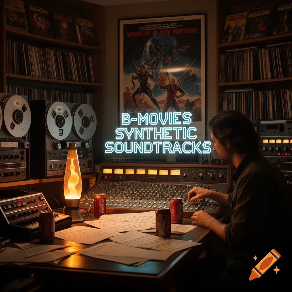 A person in a recording studio with reel-to-reel players, a mixing board, a lava lamp, and a movie poster. Neon text reads "B-MOVIES SYNTHETIC SOUNDTRACKS".