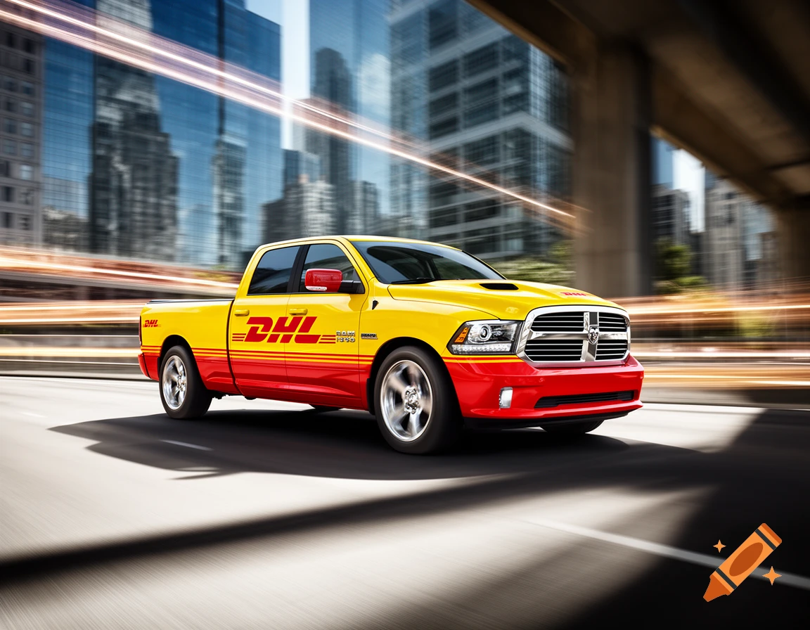 A photorealistic image of a yellow and red DHL-branded Ram 1500 pickup truck driving on a city street with motion blur.