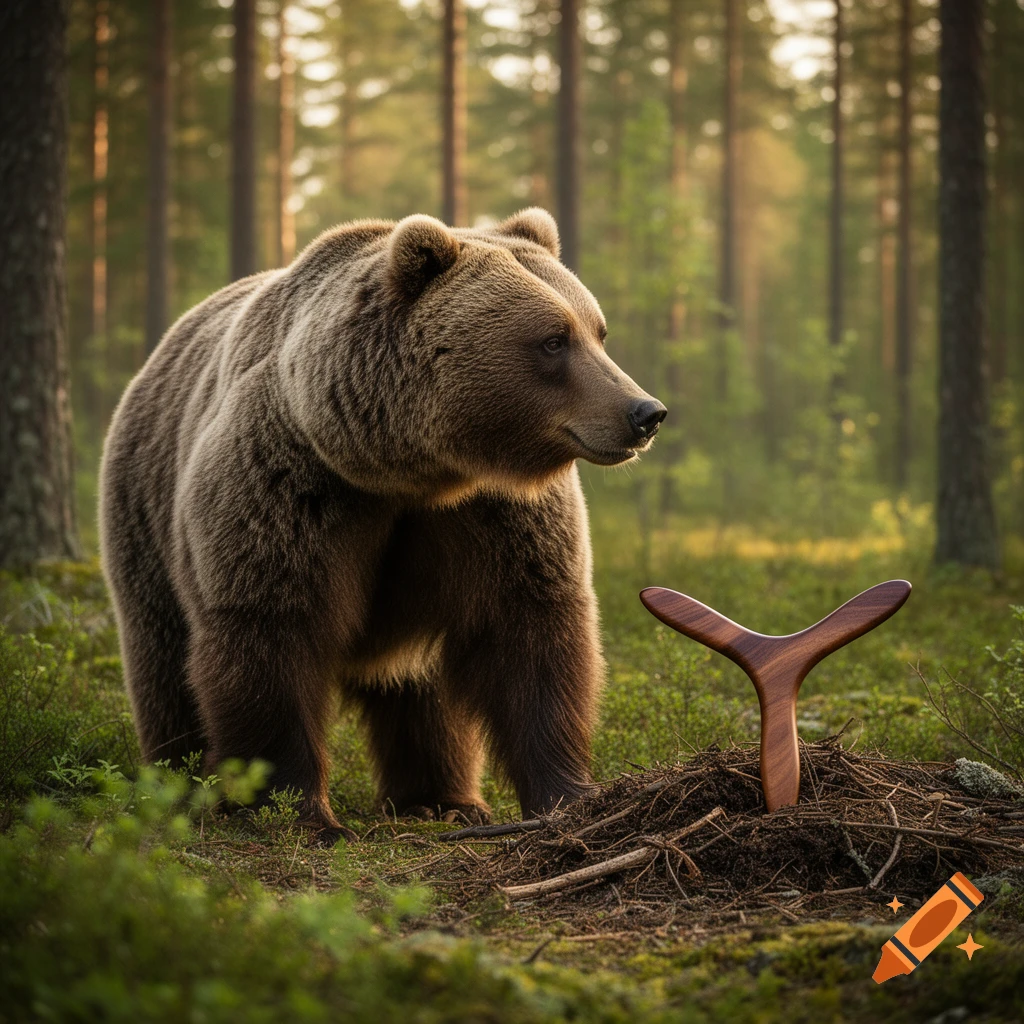 A large brown bear stands in a sunlit forest, looking at a wooden boomerang-shaped object planted in the ground.