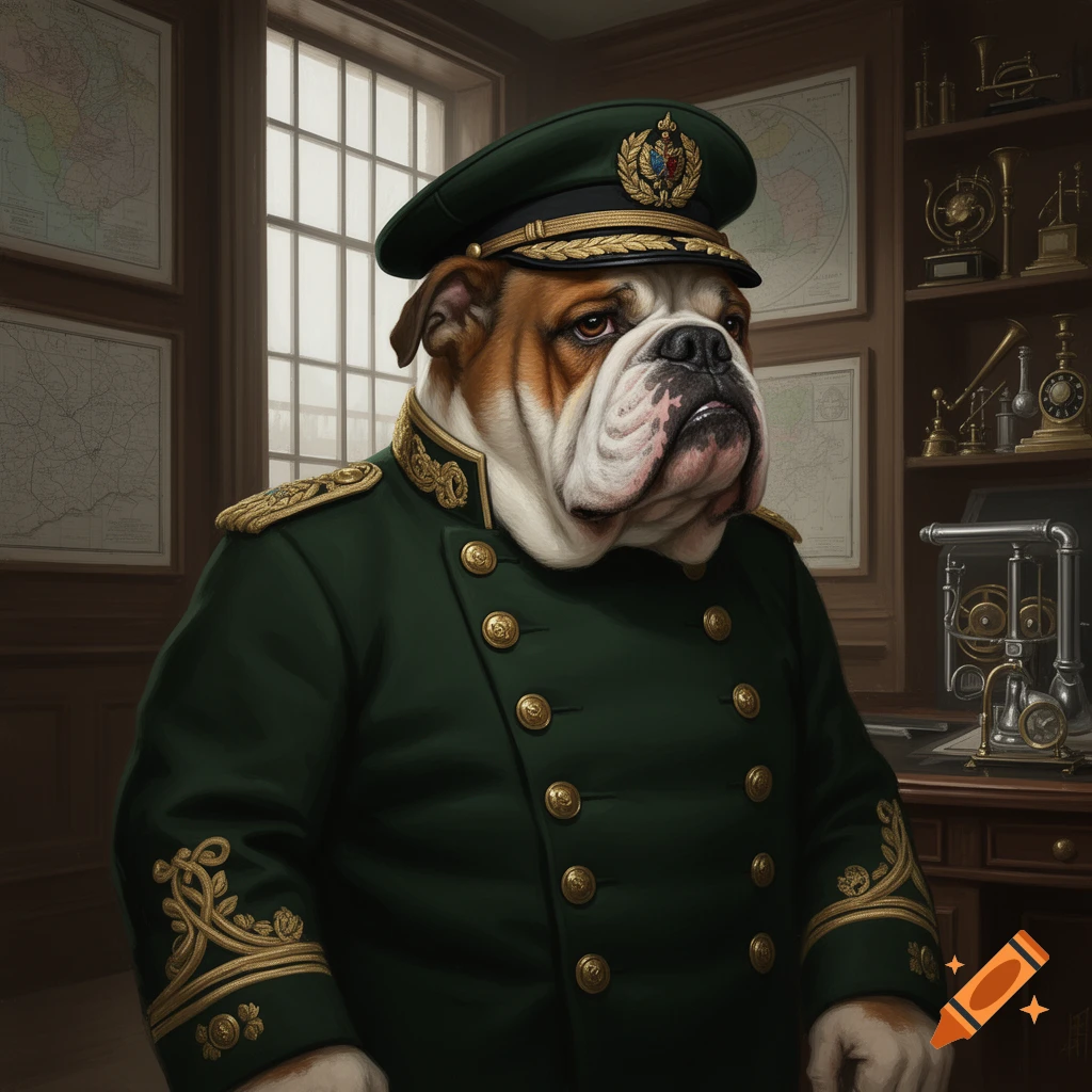 A serious-looking bulldog wears a dark green military uniform with gold braid and buttons, standing in a richly decorated office.