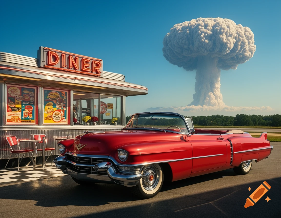 A red 1950s Cadillac convertible parked in front of a retro diner, with a large nuclear mushroom cloud in the distant background. Photorealistic.