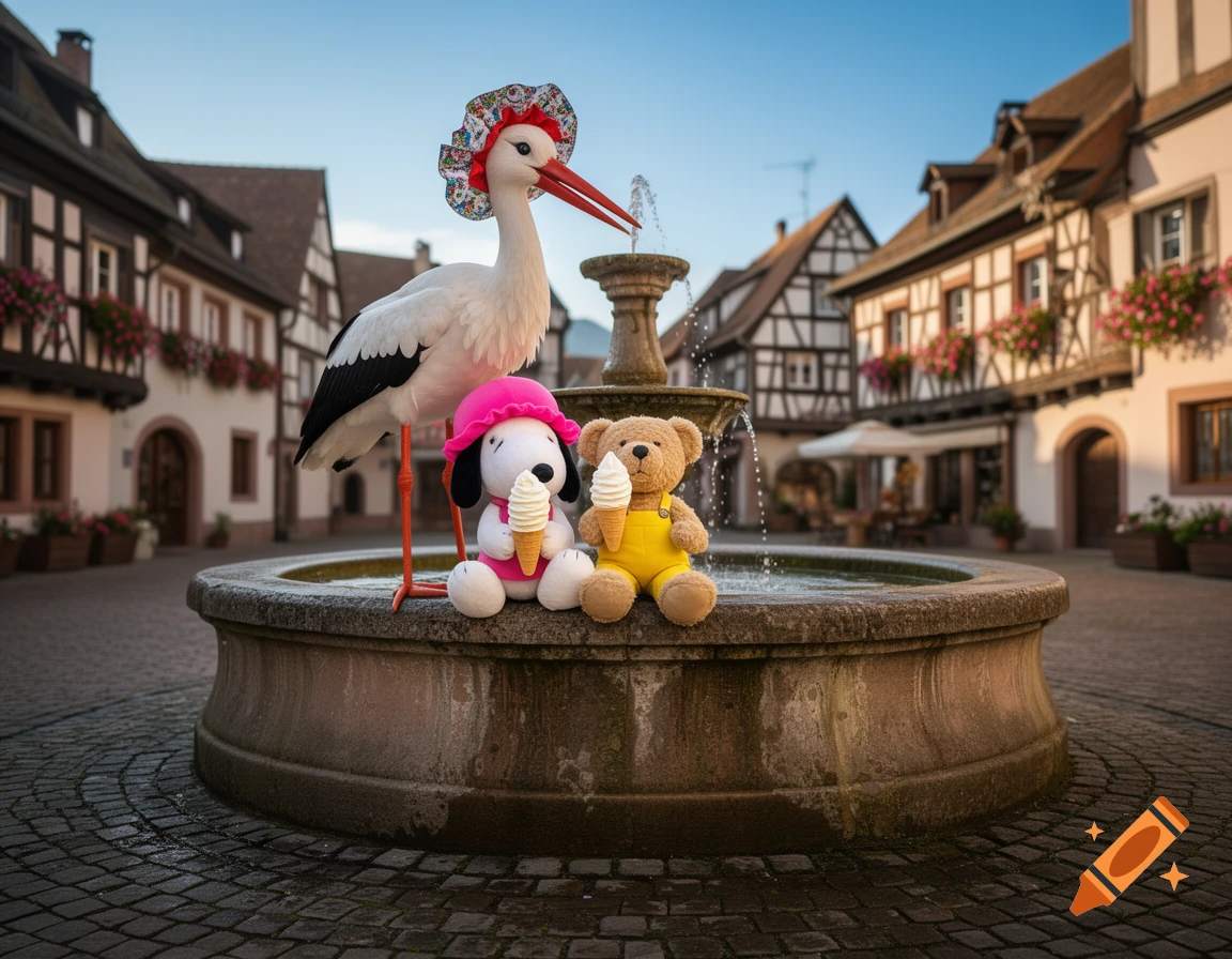 Photorealistic image of a stork in a bonnet, Snoopy, and a teddy bear with ice creams on a stone fountain in an Alsatian village.