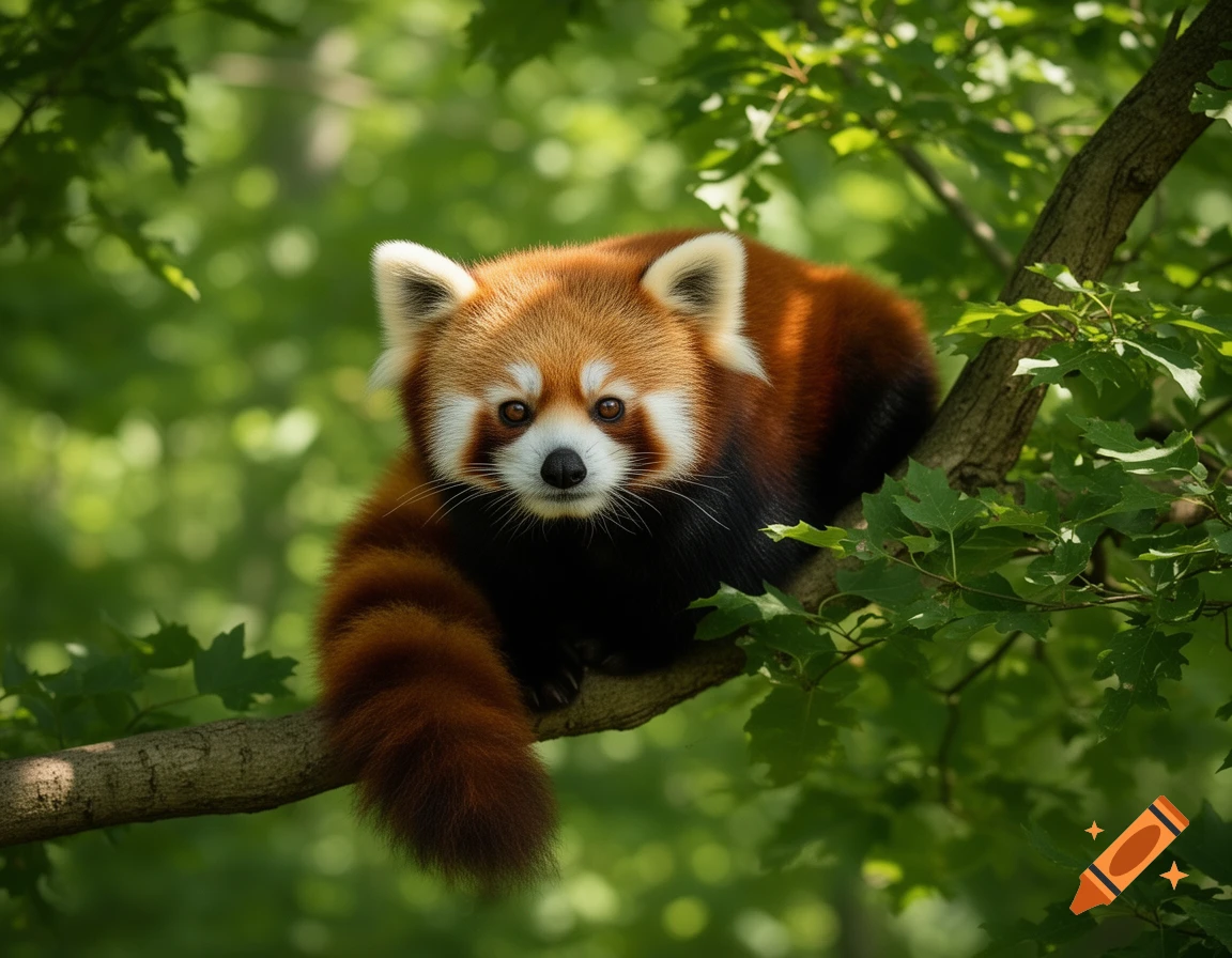 A fluffy red panda with striking reddish-brown fur and white facial markings sits on a tree branch in a vibrant green forest, looking forward.