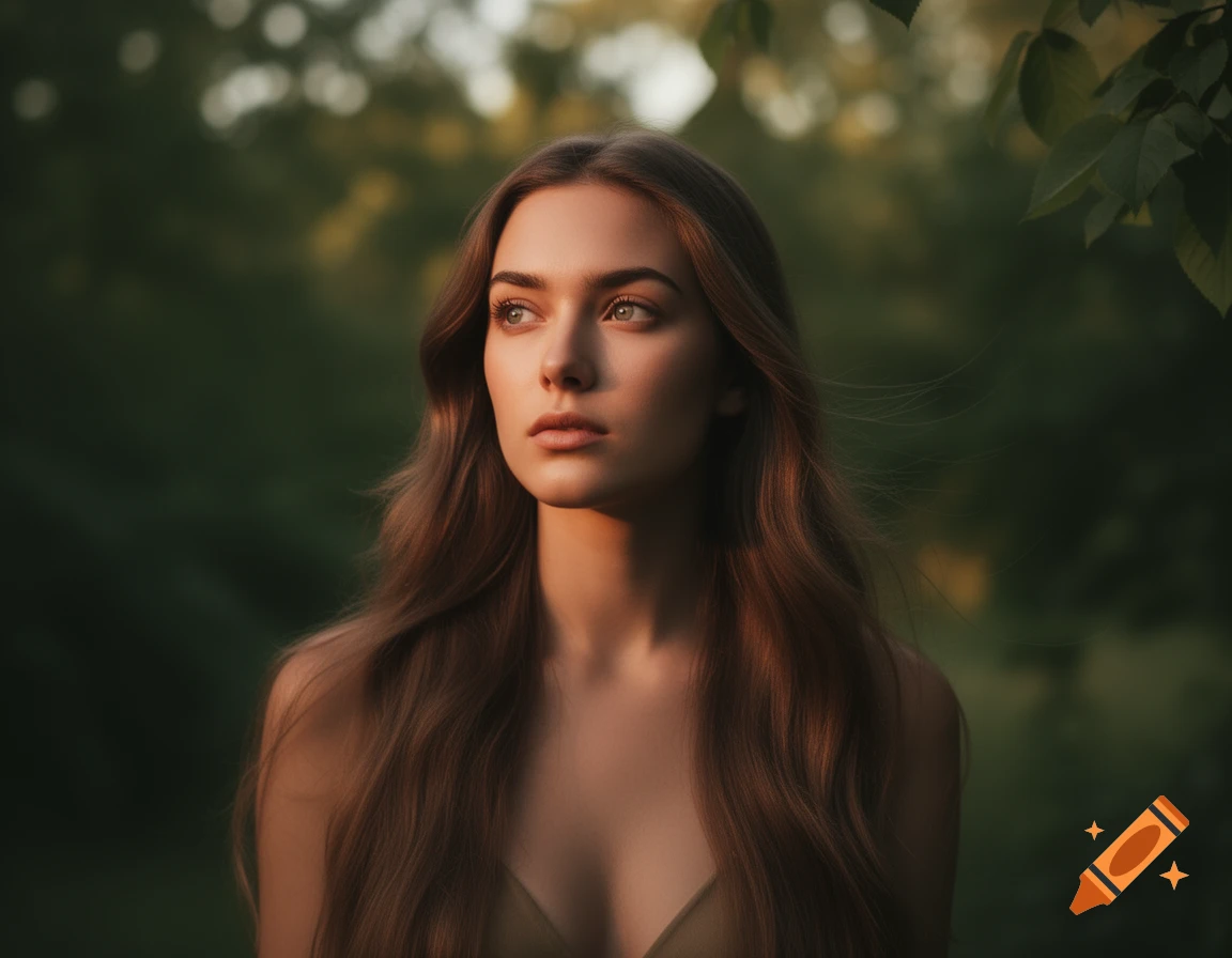 Photorealistic portrait of a young woman with long brown hair, lit by warm light, looking left against a blurred green background.