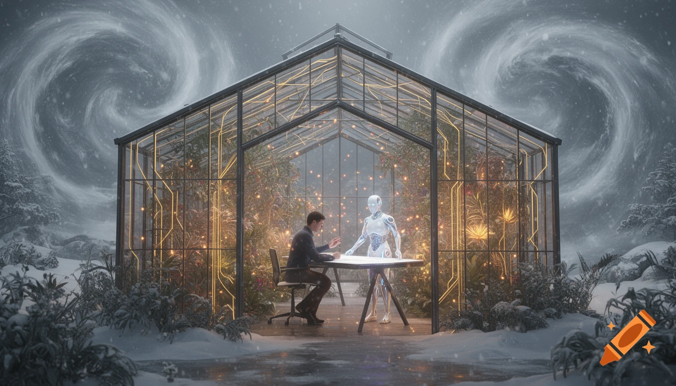 A man and an AI robot sit at a drafting table in a futuristic glowing greenhouse during a snowy winter storm.
