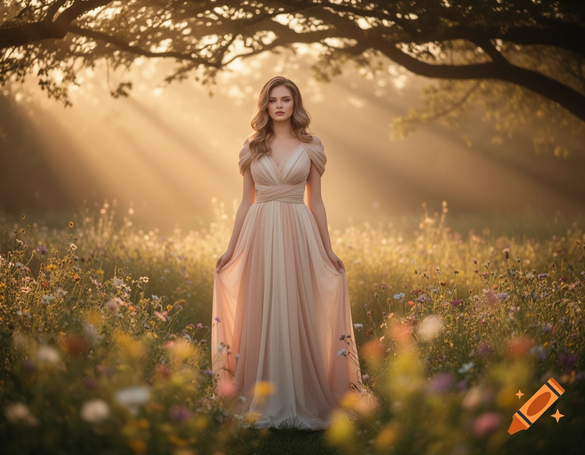 A woman in a flowing light pink dress stands in a sunlit meadow of wildflowers beneath a tree.