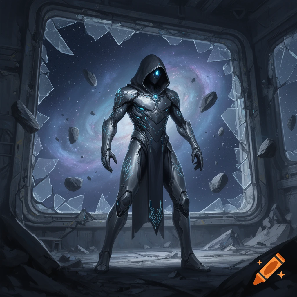 A hooded armored figure with glowing blue accents stands in a damaged spaceship, looking out at a swirling galaxy and floating debris.