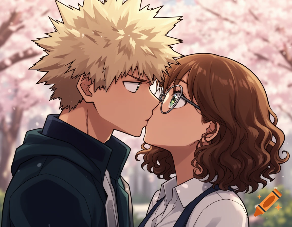 Anime illustration of Katsuki Bakugo kissing a brown-haired girl with glasses under cherry blossoms.