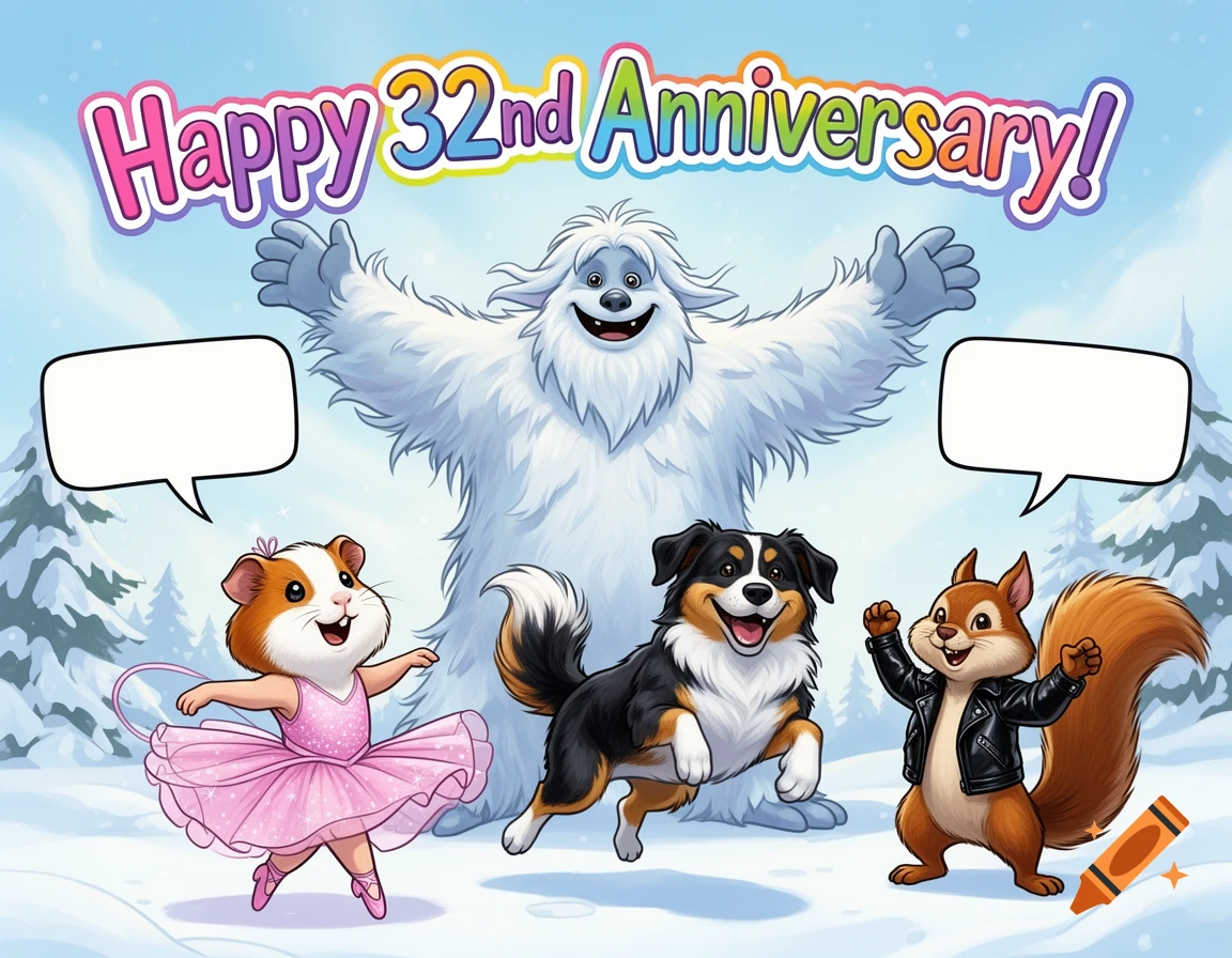 Cartoon yeti, ballerina guinea pig, dog, and squirrel in a snowy landscape, celebrating a 'Happy 32nd Anniversary!'