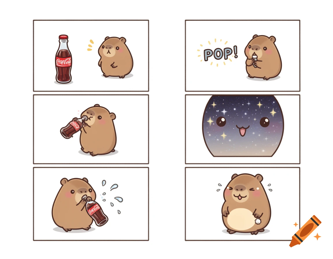 A 6-panel cute cartoon comic strip showing a capybara finding a Coca-Cola, opening it with 'POP!', drinking rapidly, and looking satisfied with a round belly.