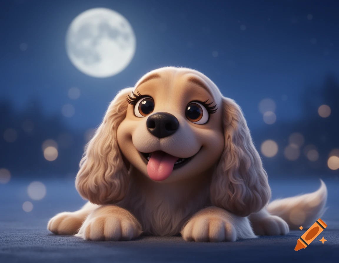 A cute 3D cartoon Cockapoo dog with big eyes and long eyelashes, lying on its stomach with its tongue out, under a full moon at night.
