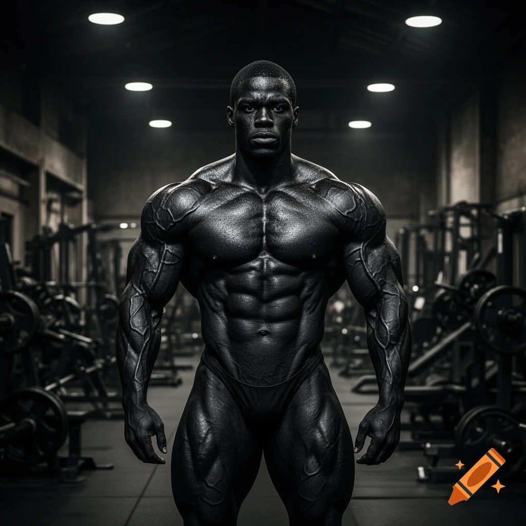 A highly muscular black bodybuilder stands in a dimly lit gym, posing in a dark, dramatic, photorealistic style.
