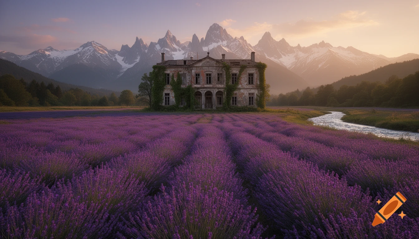 A photorealistic landscape featuring a vast purple lavender field leading to an abandoned mansion under a sunset sky, with snow-capped mountains and a winding river.