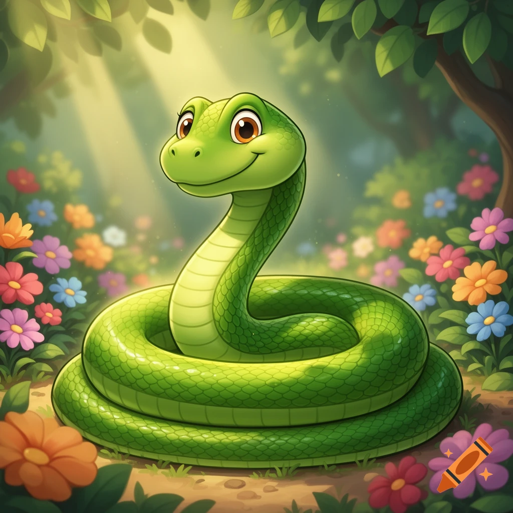 A cute green cartoon snake coiled in a vibrant forest of colorful flowers, bathed in sunlight.