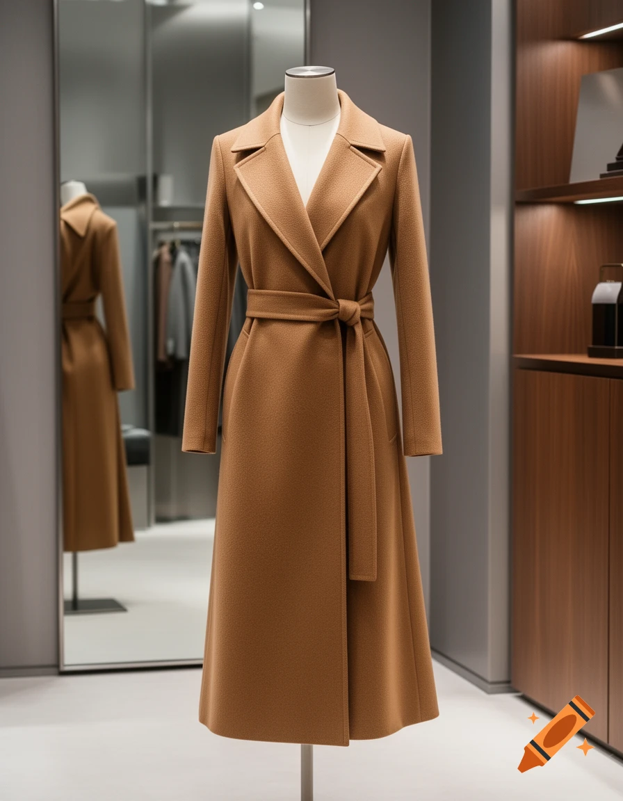 Camel-colored longline trench coat with a self-tie belt displayed on a mannequin in a store.