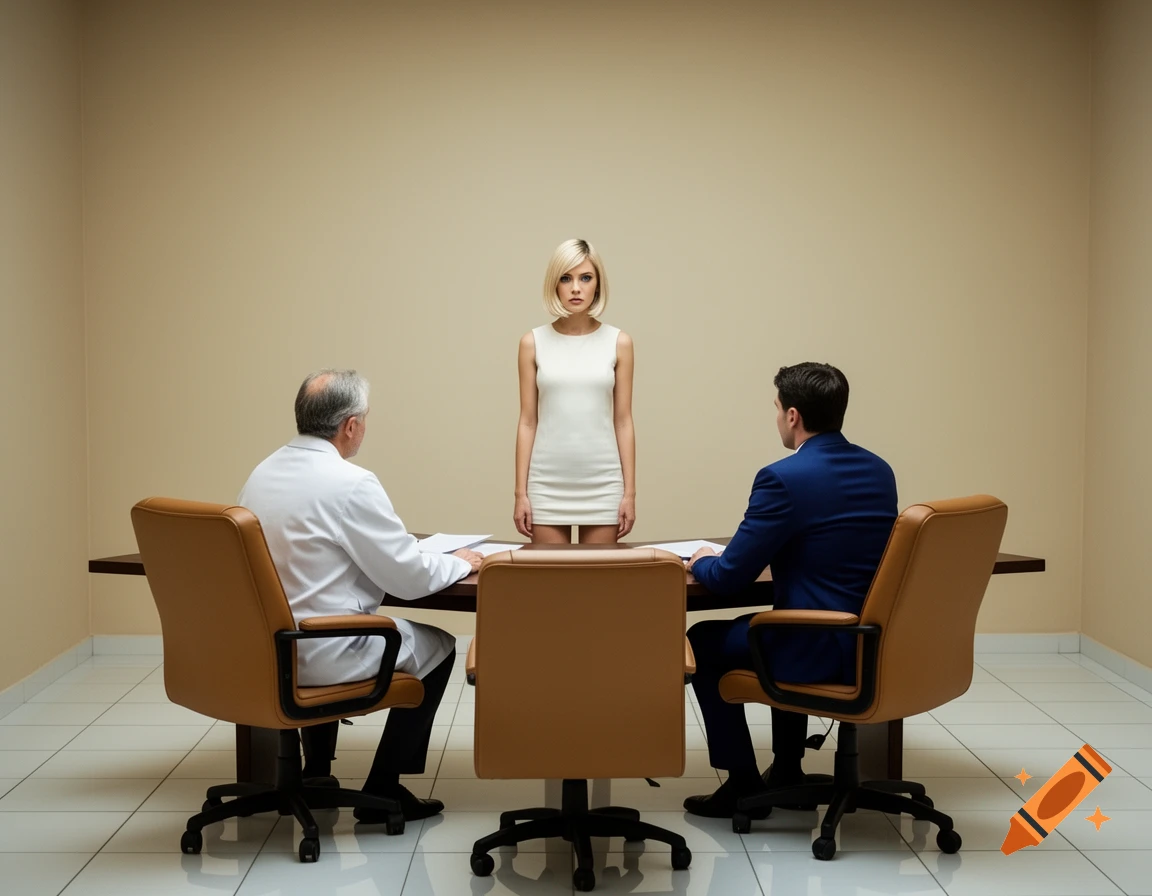 A woman in a white mini dress stands before two men, one in a lab coat and one in a suit, seated at a table with their backs to the viewer.