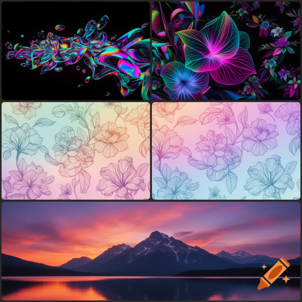 A collage showing abstract iridescent shapes, neon flowers, line-art floral patterns on pastel gradients, and a mountain lake at sunset.