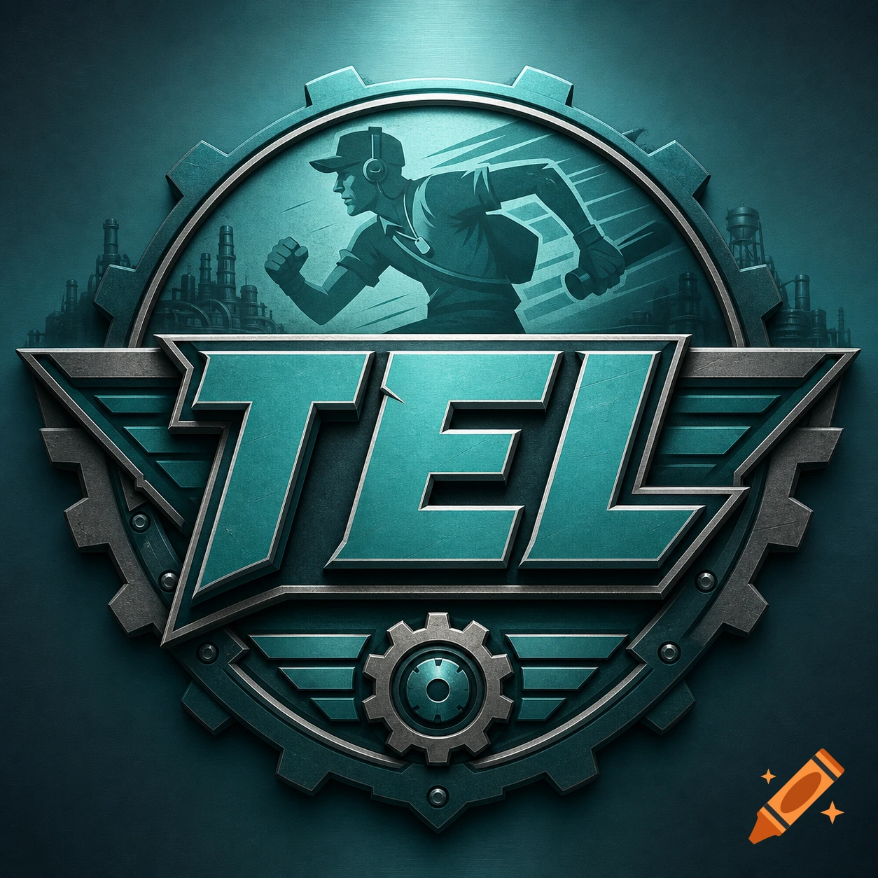 Stylized teal and gray logo with a running man, the word TEL, and industrial factory elements in the background.