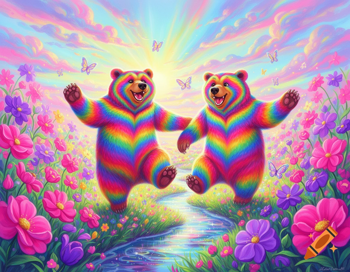 Two cheerful rainbow bears dance in a vibrant, Lisa Frank-style meadow filled with colorful flowers and butterflies, under a bright, cloud-filled sky.