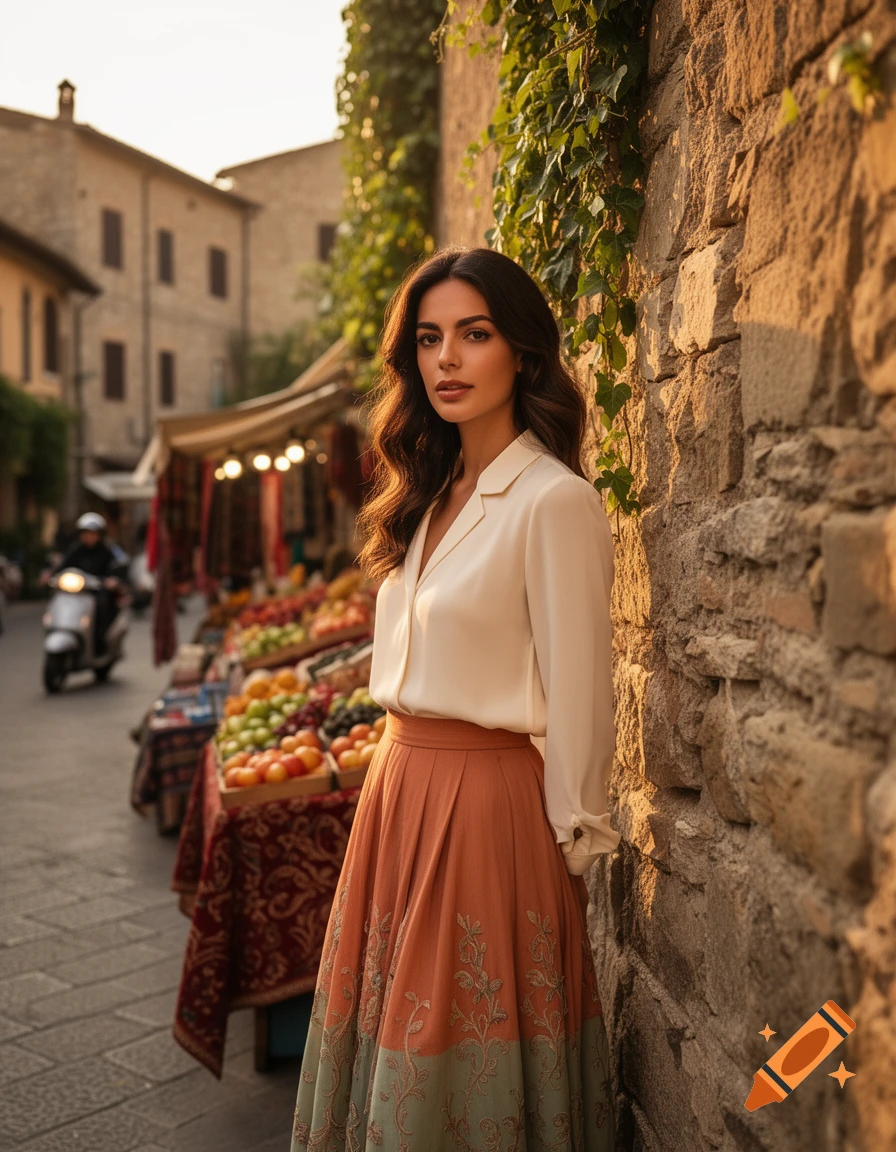 A beautiful woman in a flowing orange and green skirt and white blouse stands by a stone wall in an old European market street at sunset.