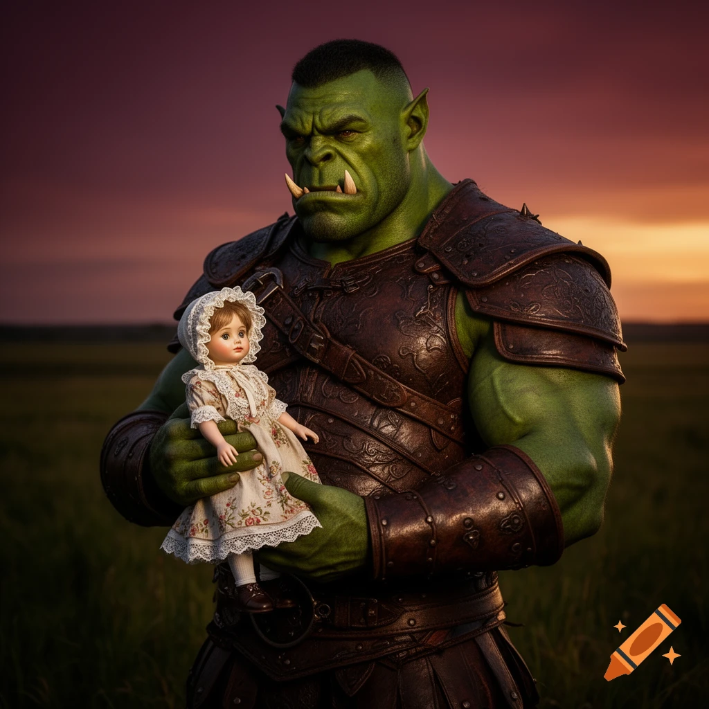 A muscular green orc in leather armor holds a small, old-fashioned doll in a grassy field at sunset. Photorealistic style.