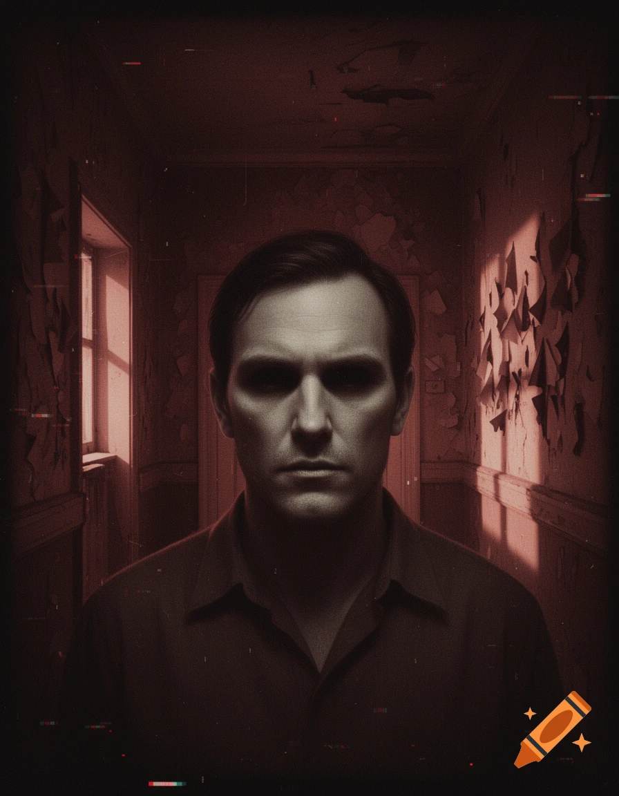 A creepy portrait of an expressionless man with dark hollow eyes in a decaying, dimly lit room, with a grainy, unsettling VHS glitch effect and red tint.