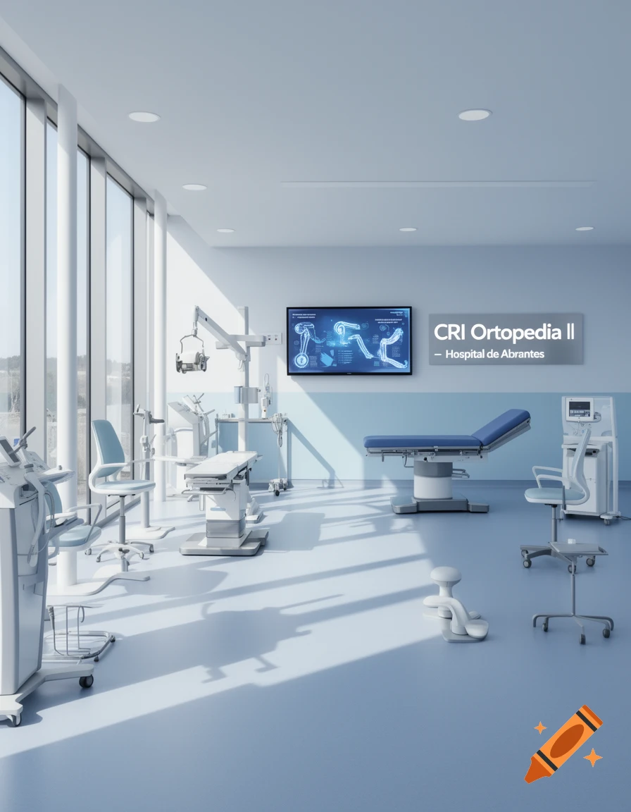 A bright, modern medical examination room with orthopedic equipment, large windows, and a screen displaying text.