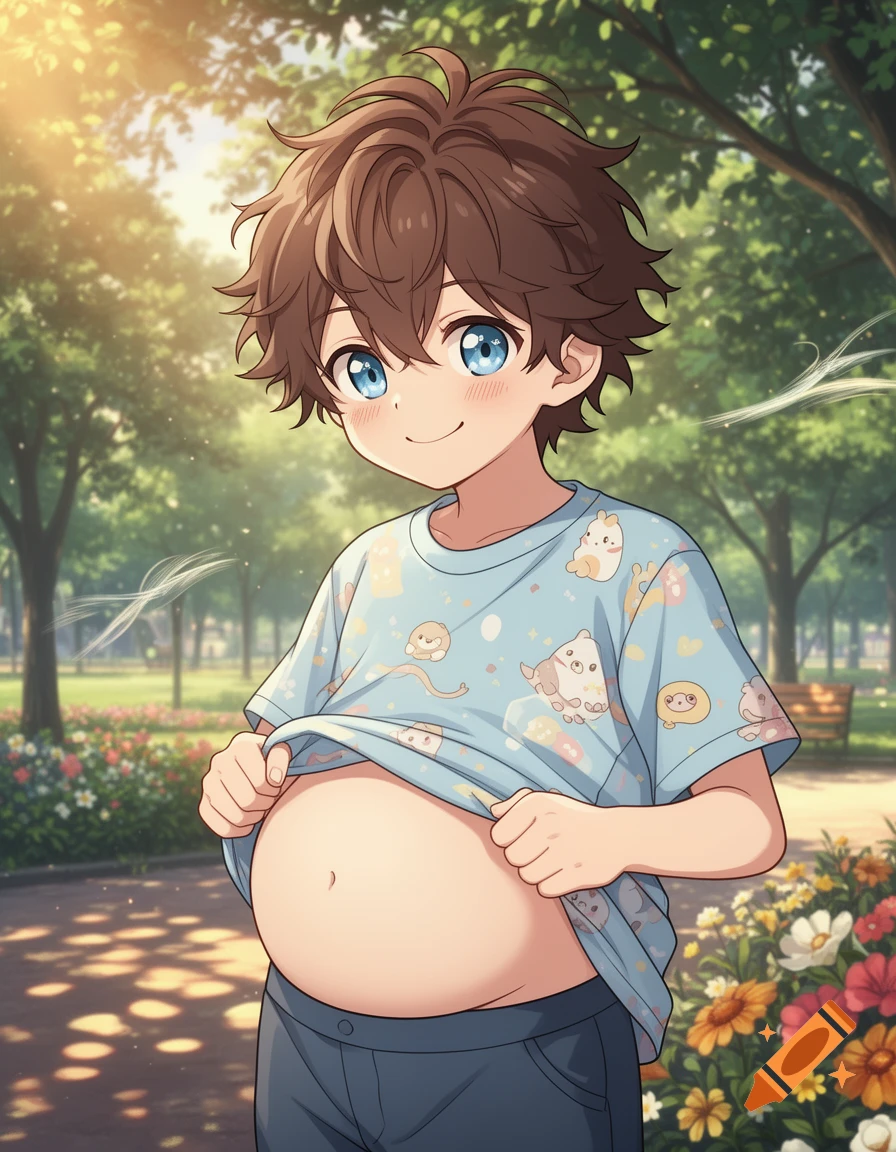 Anime boy with brown hair and blue eyes, smiling and lifting his light blue shirt to show his plump belly in a sunny park.