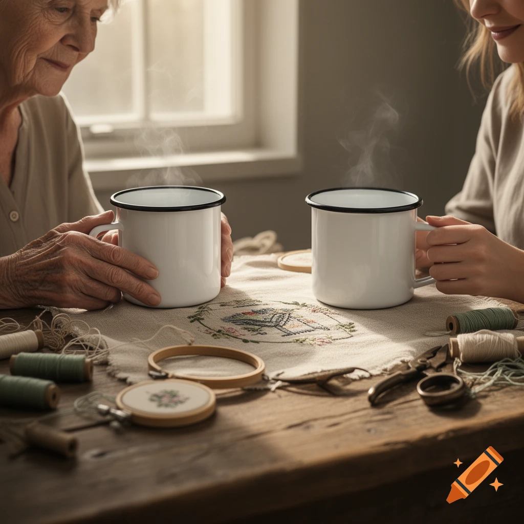 Close-up of an elderly woman and a younger woman holding steaming white enamel mugs, engaged in embroidery on a wooden table with soft sunlight.