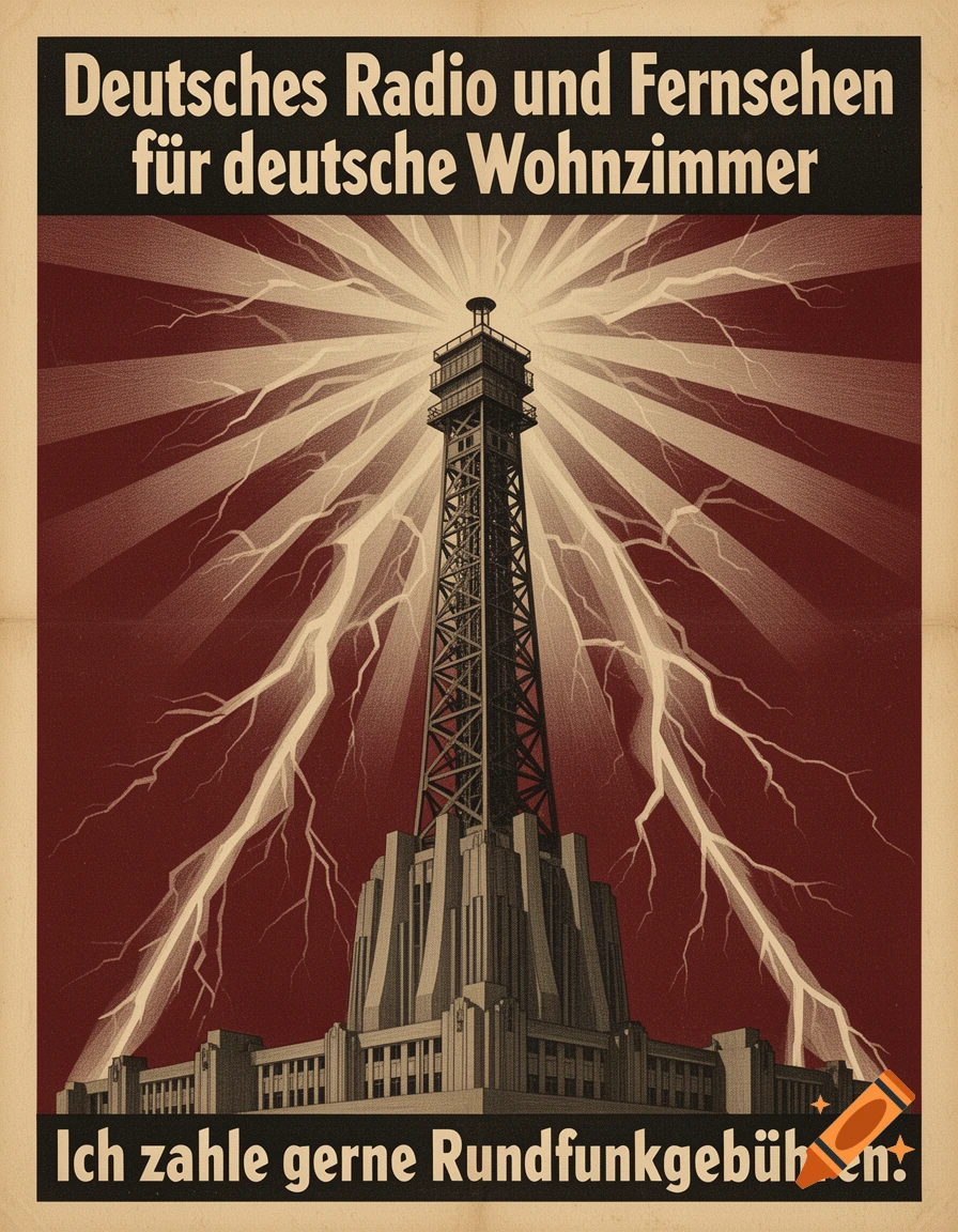 A vintage Art Deco German propaganda poster features a towering radio broadcast mast emitting lightning bolts and text.