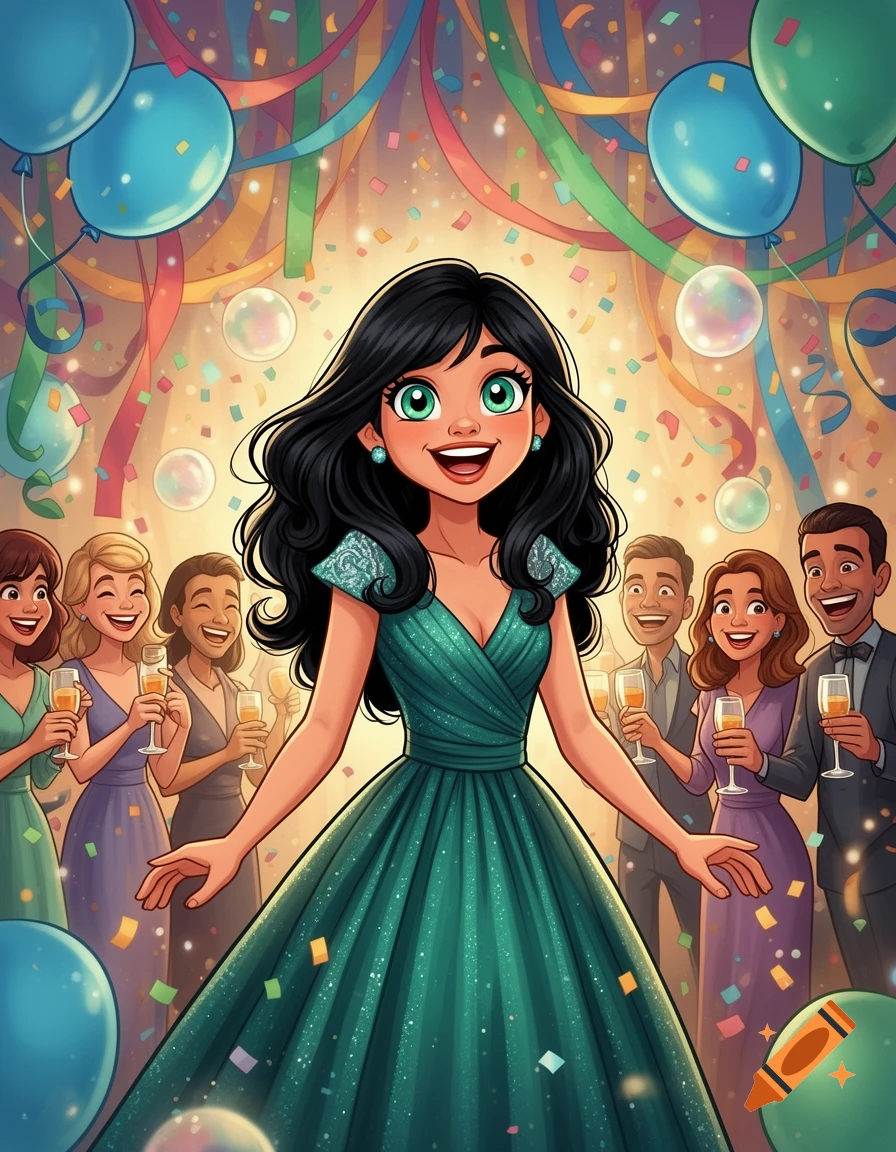 A cartoon woman with black hair and green-blue eyes in a green gown, celebrating with friends amidst balloons and confetti.